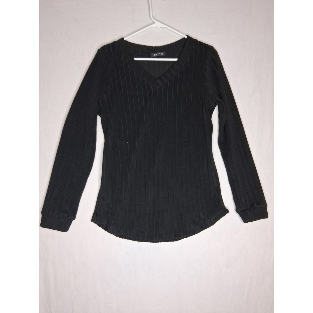 Eachyes Womens Black Ribbed V-Neck Long Sleeve Stretch Top Shirt Size M